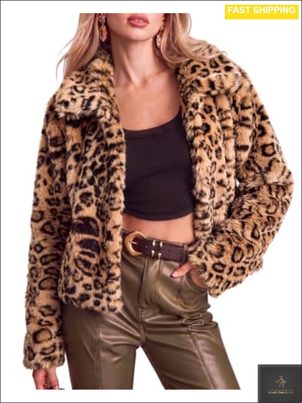 Faux Fur Cropped Leopard Print Jacket Snap Button Snap Front